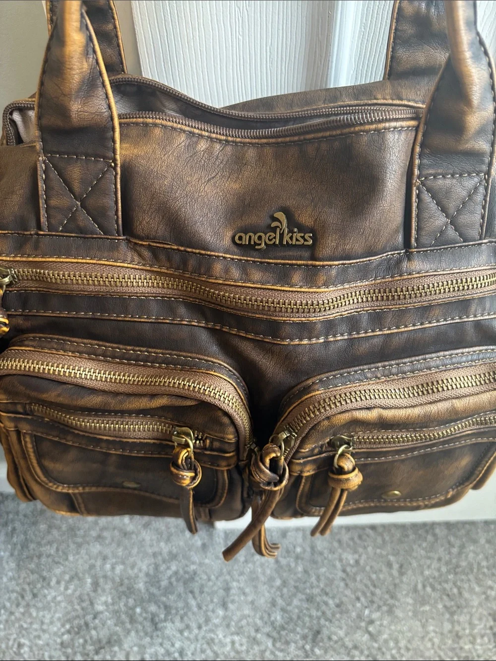 Angel Kiss Distressed Brown Faux-Leather Satchel with Gold Hardware